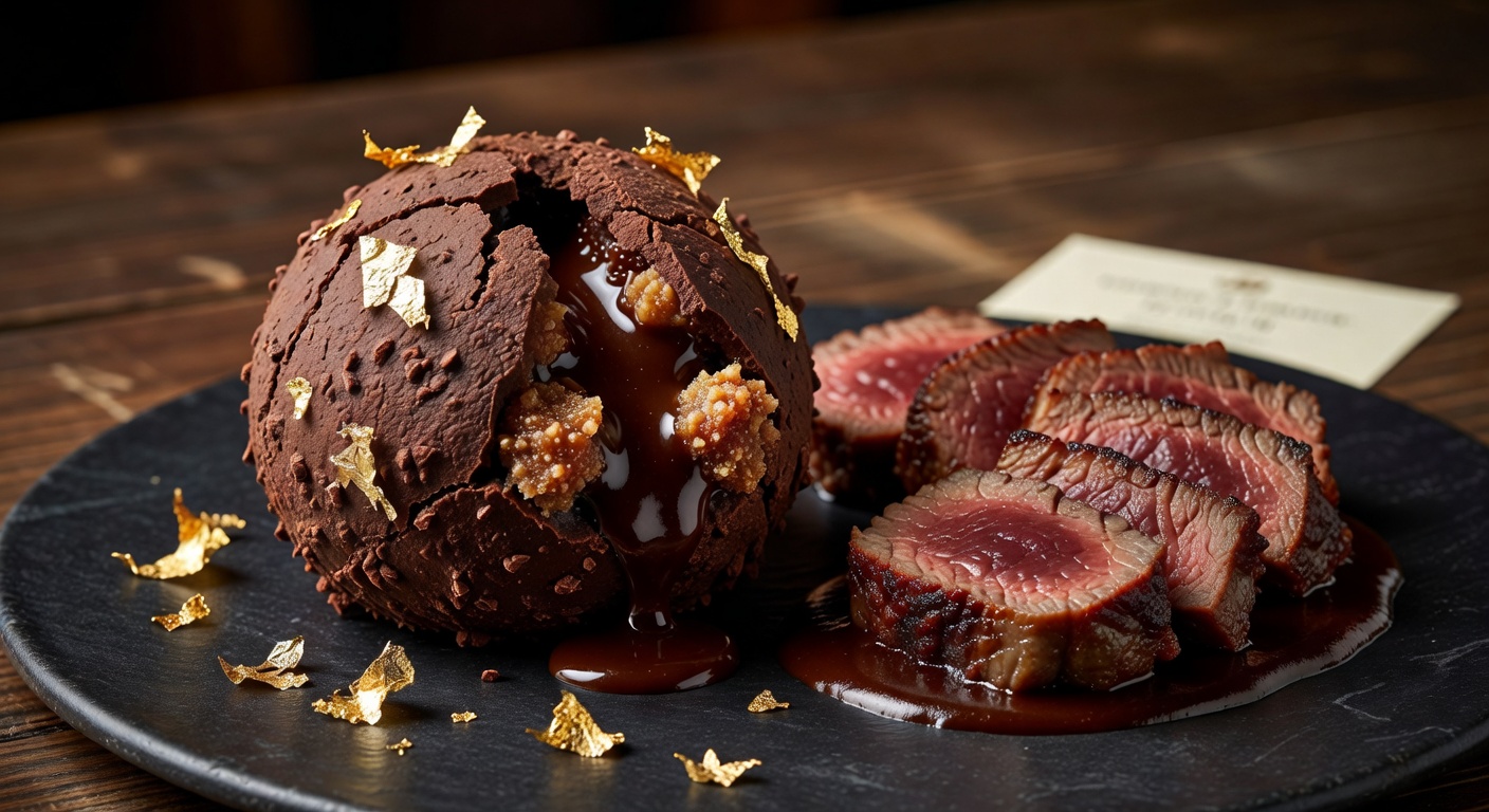 Artisanal chocolate dessert with gold leaf detailing
