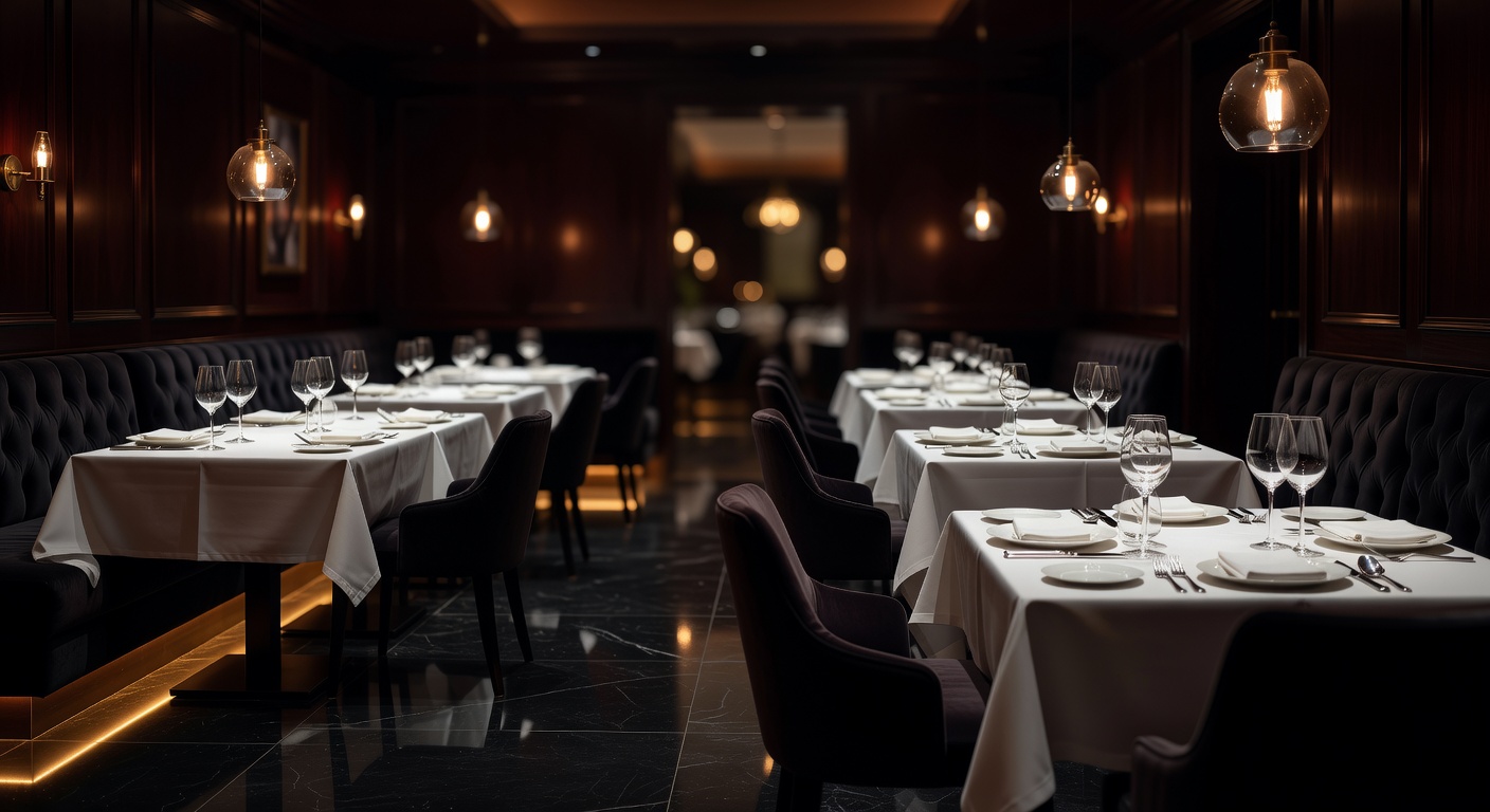 Elegant dark restaurant interior with dim warm lighting and set tables