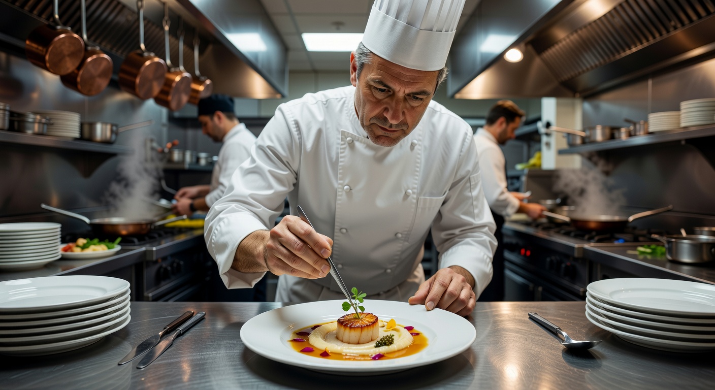 Executive Chef plating a gourmet dish with tweezers in a professional kitchen