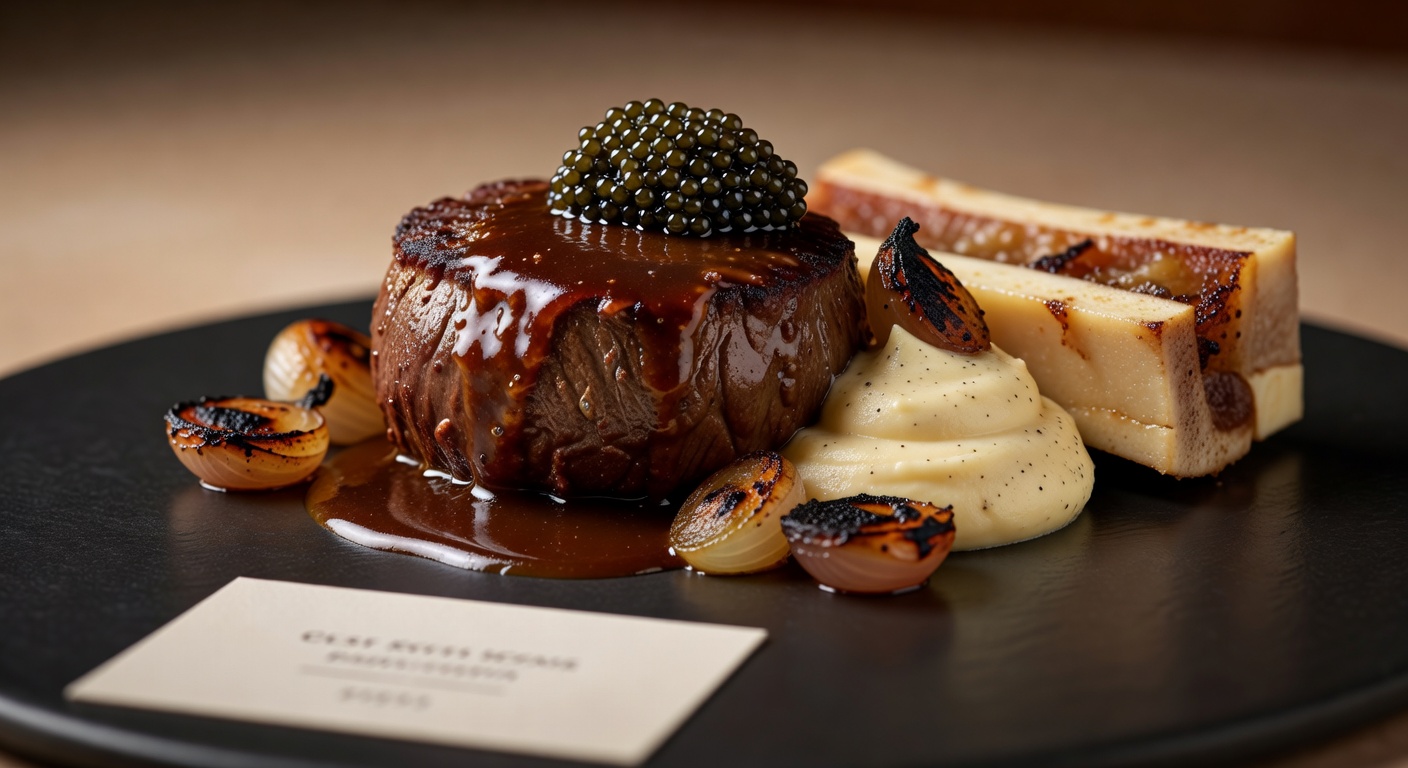 Perfectly seared A5 Wagyu beef tenderloin with rich demi-glace